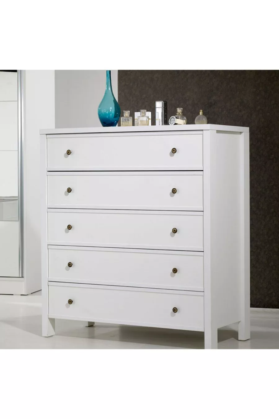 Commode moderne sur pieds Rio à 5 tiroirs, blanche