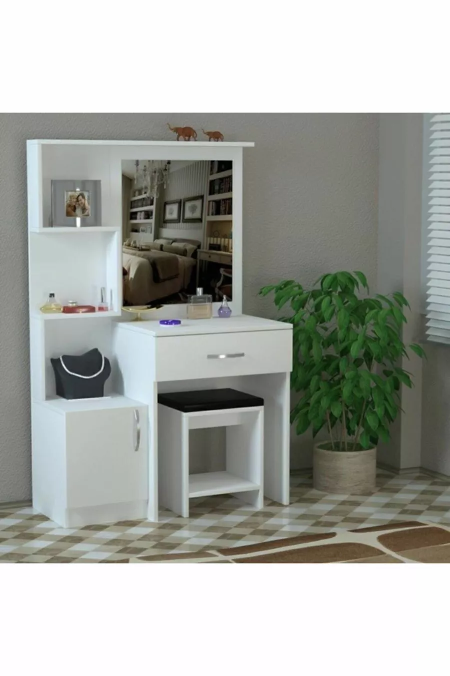 Coiffeuse Novella avec miroir en tissu, avec armoire, tiroirs, étagères, blanche, avec coussin