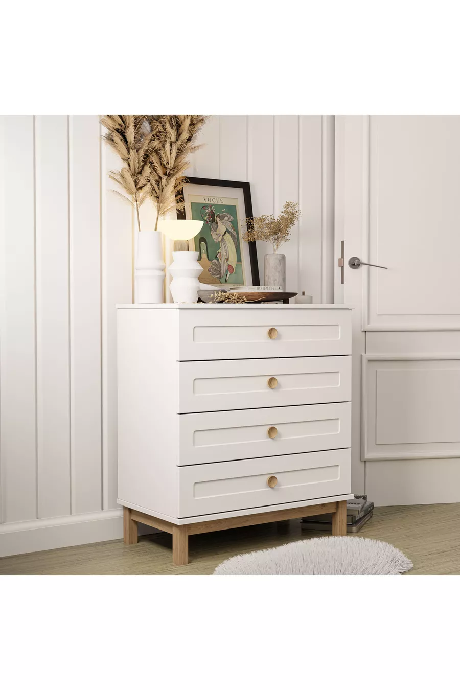 Commode Desa 4 tiroirs avec portes en MDF à glissières télescopiques (pieds en profilé MDF) Blanche - Panier