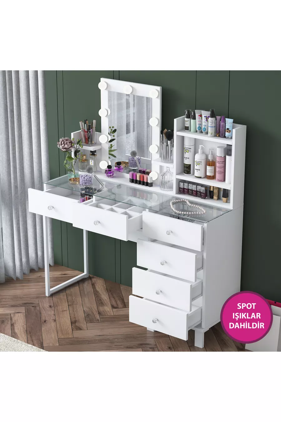 Coiffeuse de coulisses avec miroir éclairé Hollywood Rani, organiseur de bijoux à 6 tiroirs, blanc