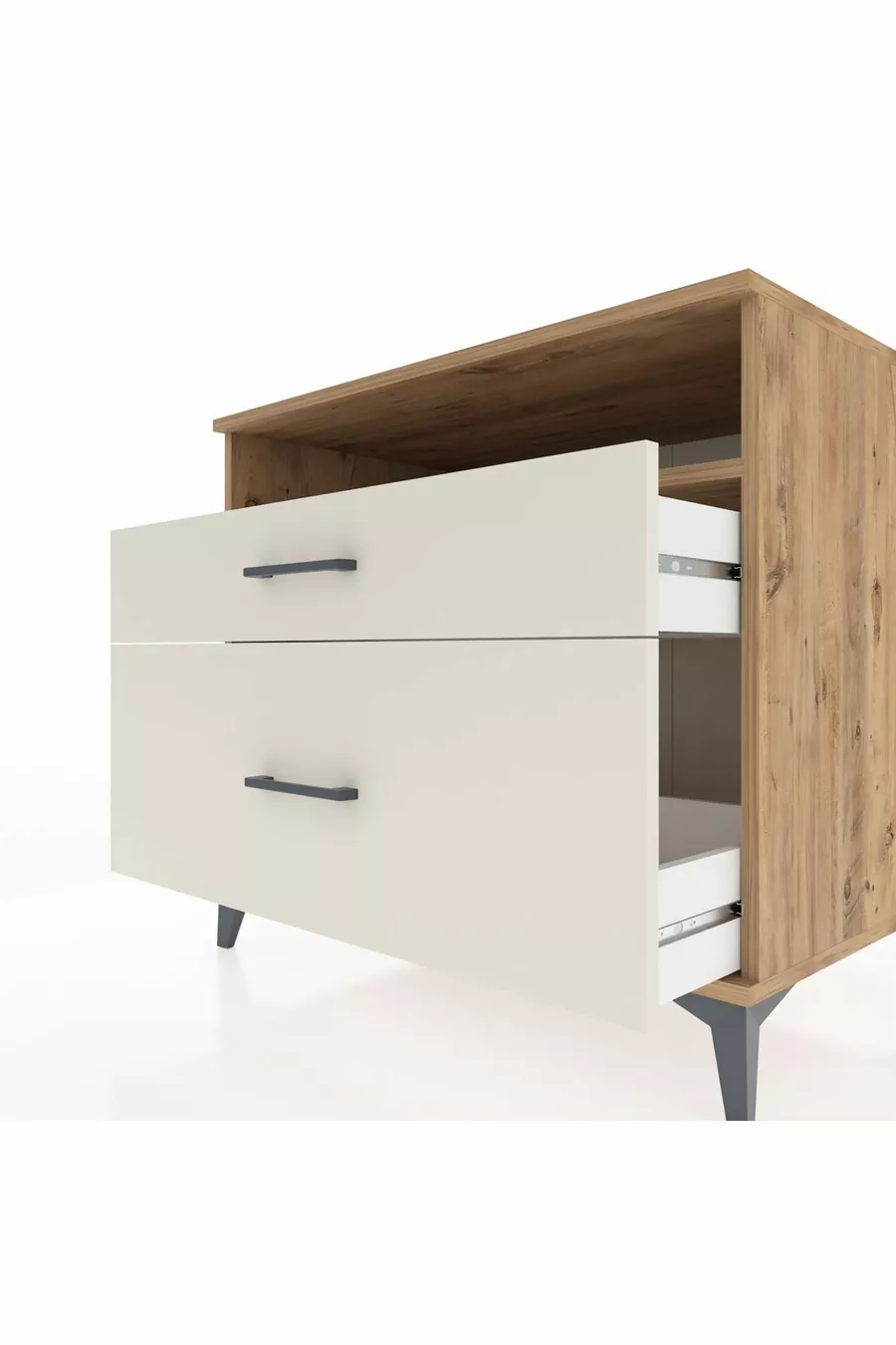 Commode Kronos à une étagère et 2 tiroirs en pin et pierre de lave