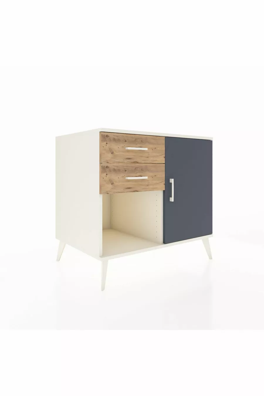 Commode Kronos à une étagère, 2 tiroirs et une porte, Pierre de Lune-Anthracite/Pins