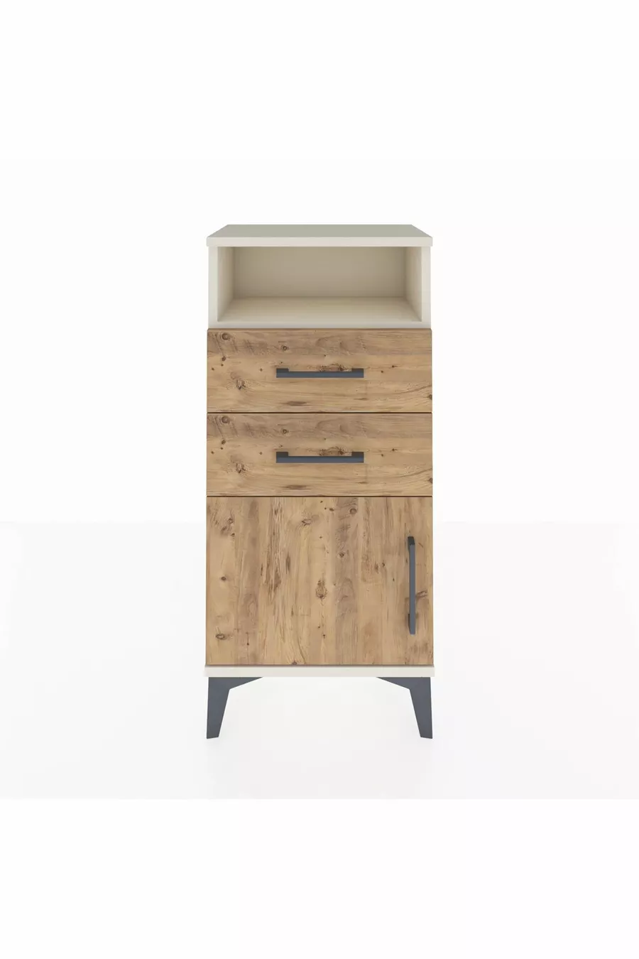 Table de chevet Arges avec une étagère, 2 tiroirs et une porte, Pierre de lune-Pin