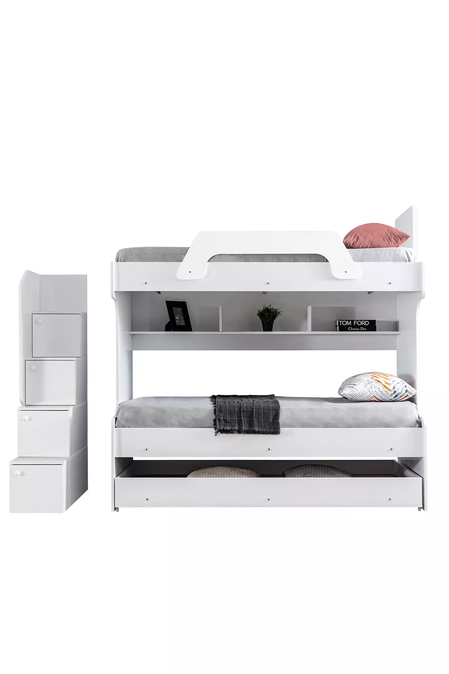 Lits superposés, Lit superposé avec nid d'ange en perle blanc, Lit superposé avec nid d'ange - 3 matelas confort