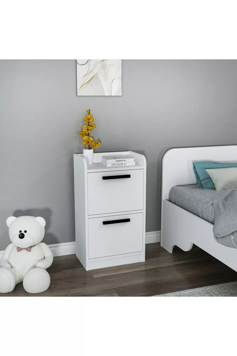 Table de chevet moderne pour chambre d'adolescent Luses à 2 tiroirs, blanc - Luses