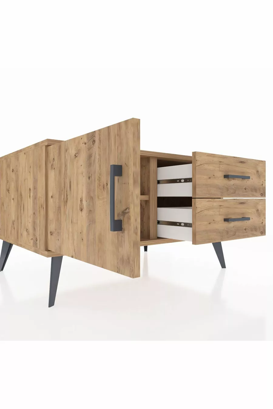 Commode Kronos avec une étagère, 2 tiroirs et une porte, pin sur pin