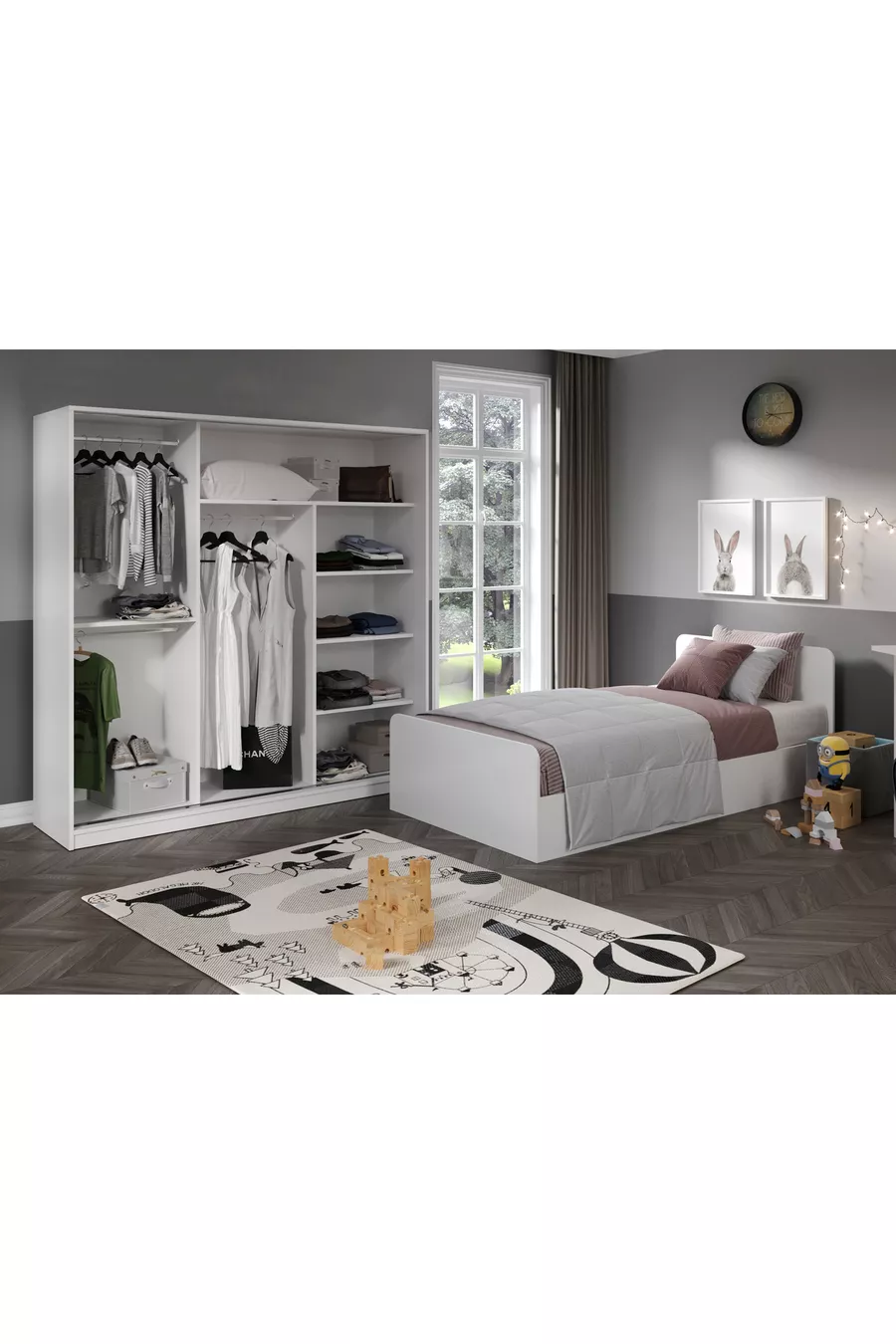 Chambre d'enfant Anemon en MDF pour une personne, 3 pièces - Armoire, bureau, lit en MDF de qualité supérieure