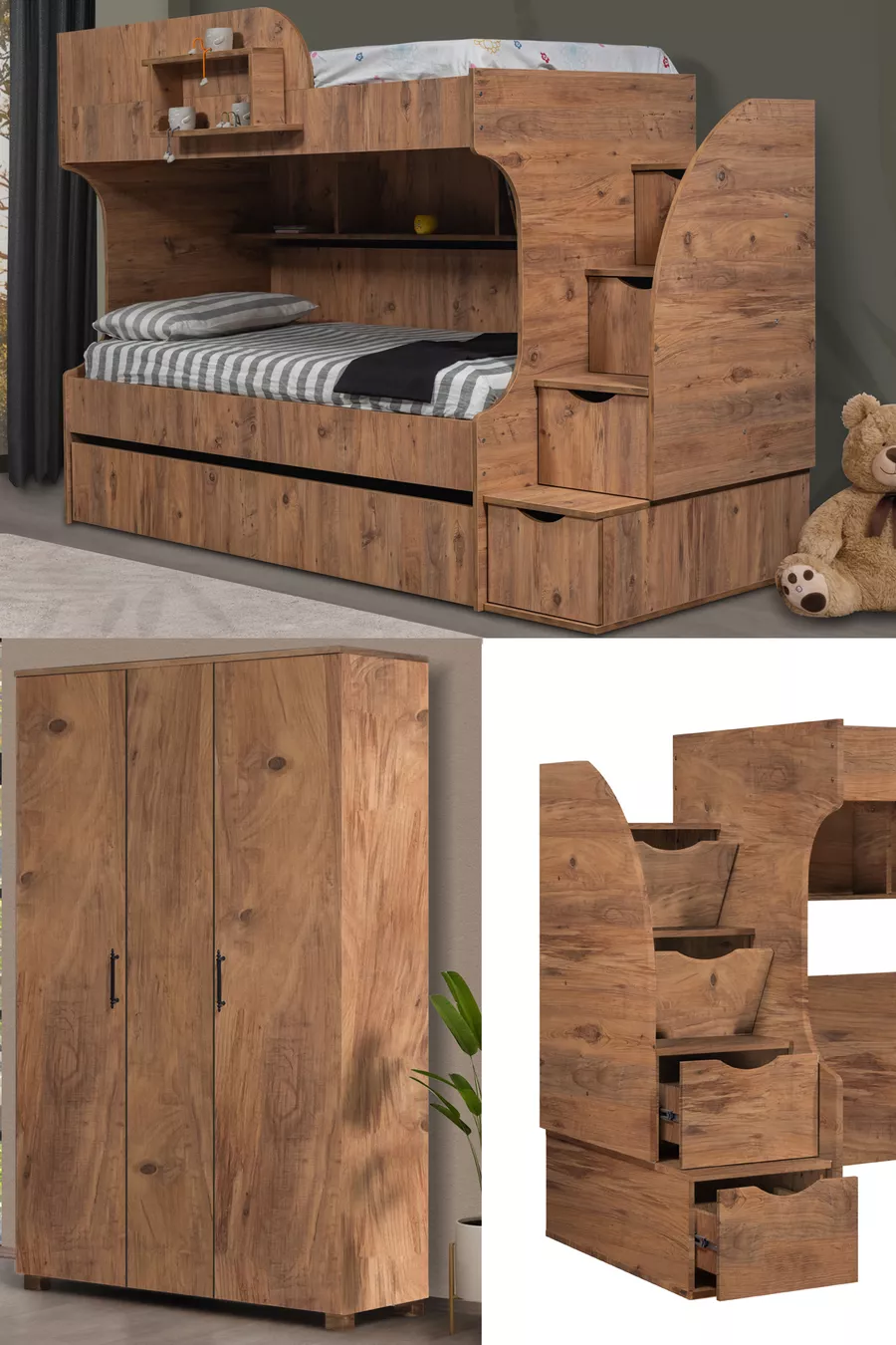 Lits superposés, Lit superposé Aura avec lit d'appoint et armoire 3 portes - Noyer