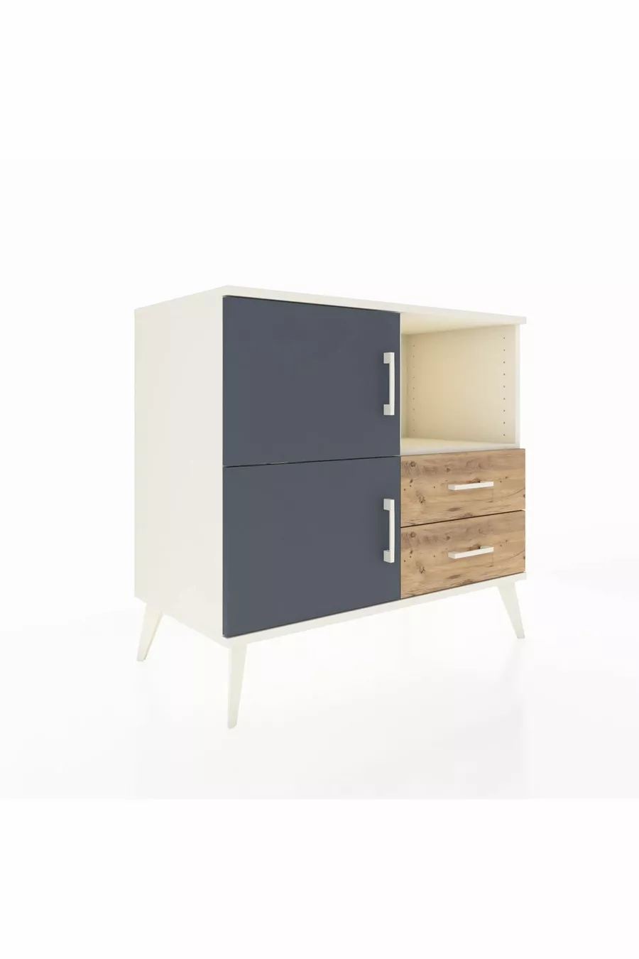 Commode Hyperion 2 étagères 2 tiroirs 2 portes Pierre de lune-Anthracite/Pin