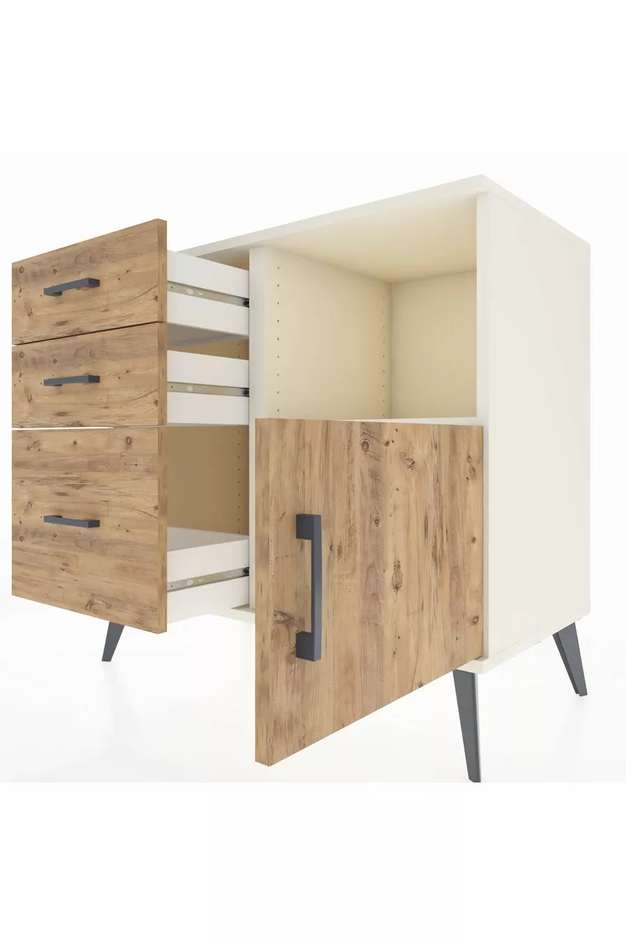Commode Hyperion à une étagère, 3 tiroirs et une porte, Pierre de lune-Pin
