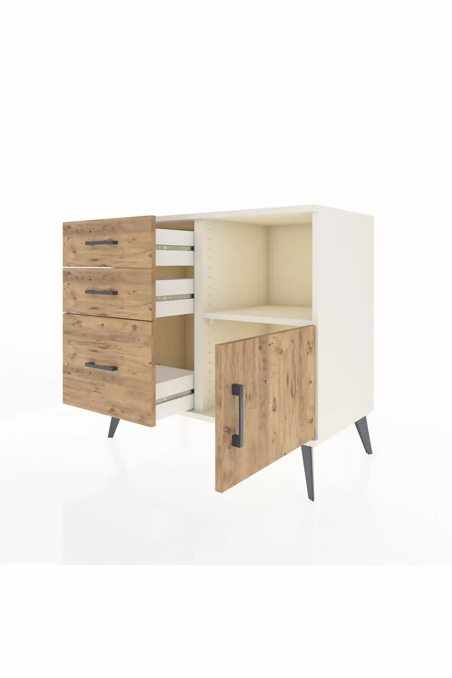 Commode Hyperion à une étagère, 3 tiroirs et une porte, Pierre de lune-Pin
