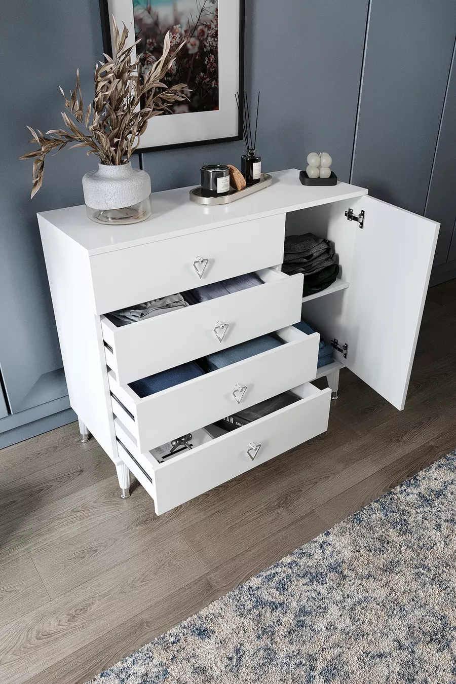 Commode moderne blanche argent avec 4 tiroirs et 1 porte
