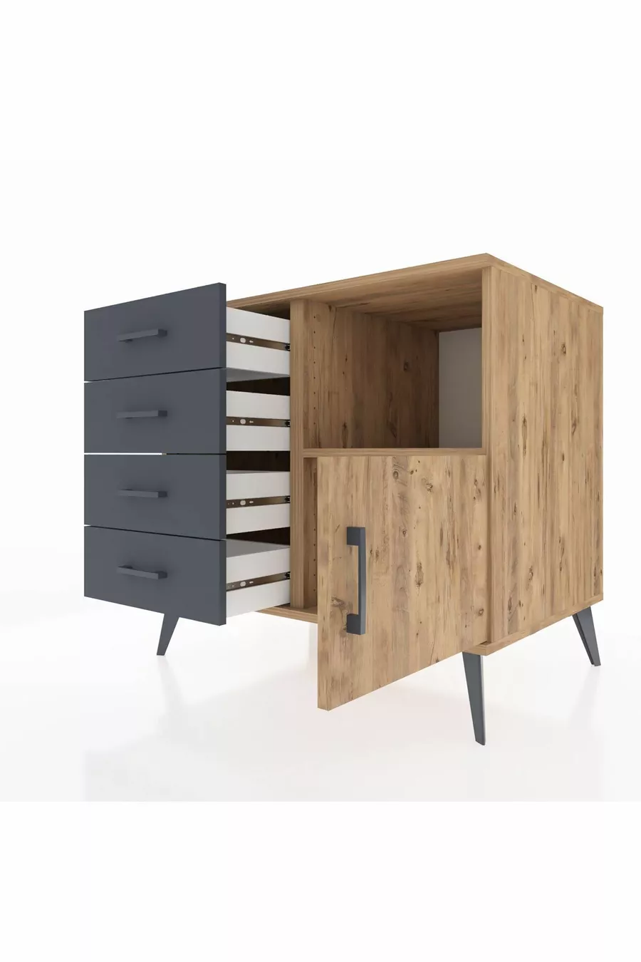Commode Kronos à une étagère, 4 tiroirs et une porte, Pin-Pin/Anthracite