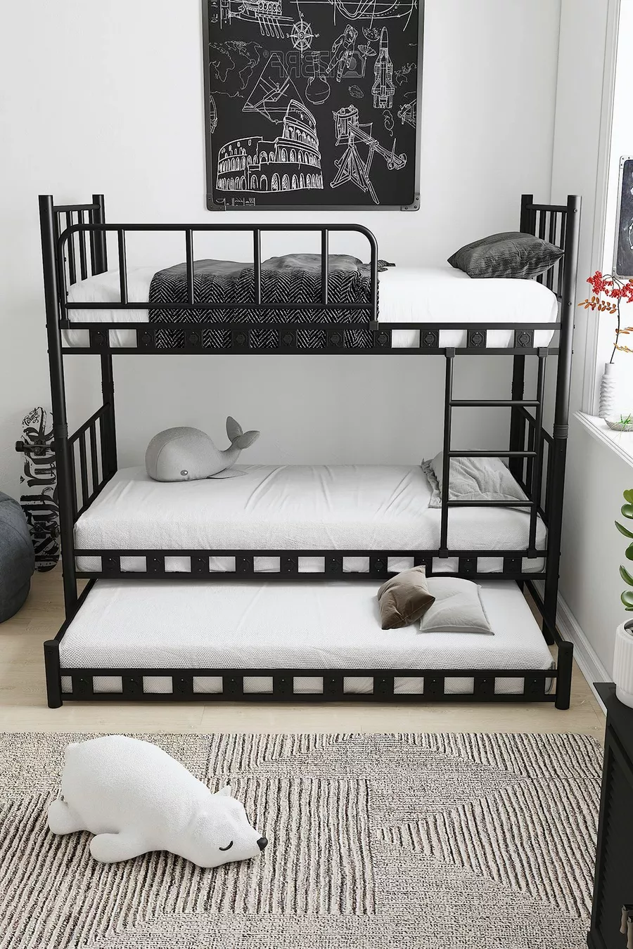 Chambre d'enfant jeune avec lit superposé et lits en métal Zambak