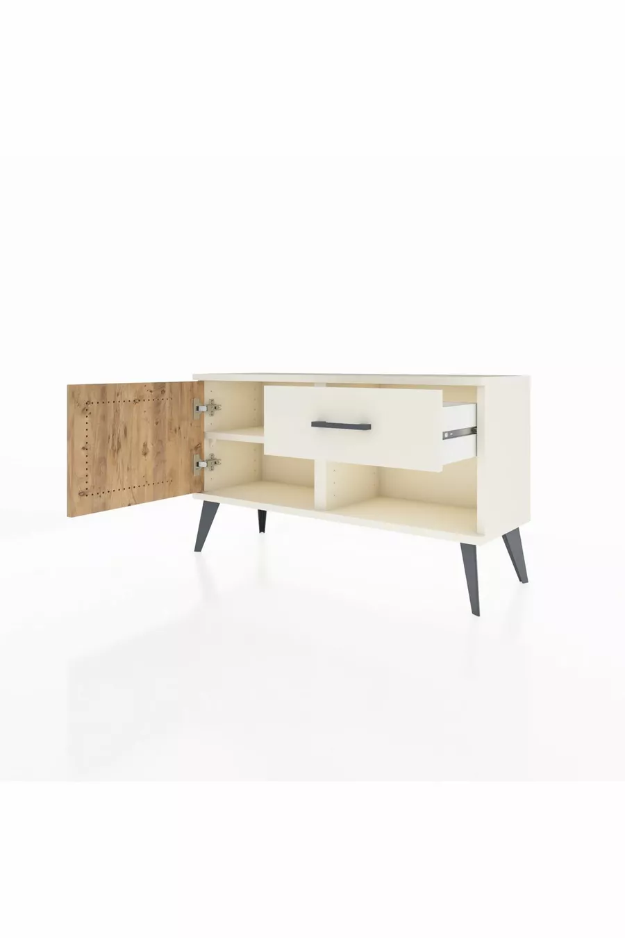 Commode Arges avec une étagère, un tiroir et une porte, coloris Pierre de Lune-Pin/Pierre de Lune
