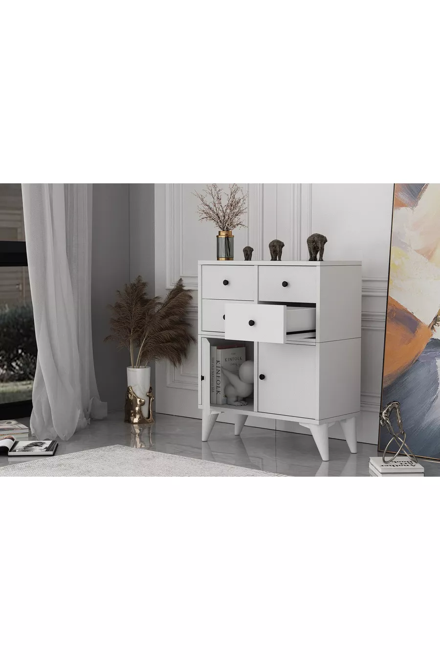 Commode blanche à pieds, deux portes, quatre tiroirs, sans baguette