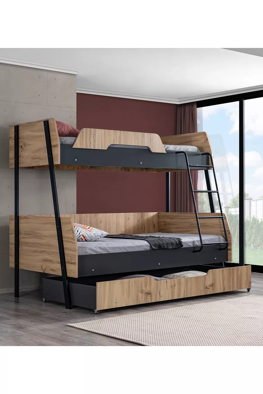 Lit superposé, Lit superposé Alba avec large tiroir, cm - cm - Noyer-Anthracite + 2 matelas confort