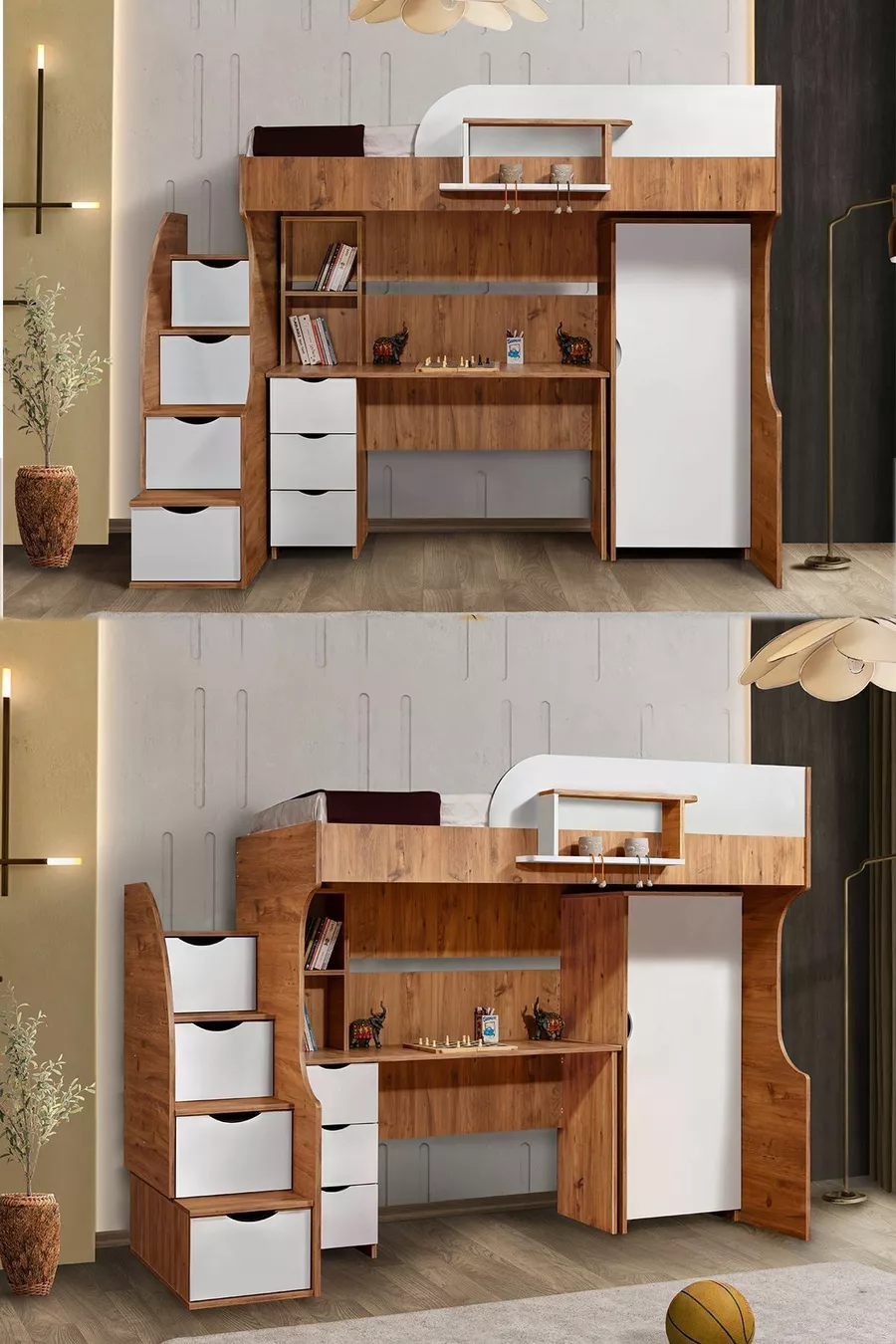 Lits superposés, Litera avec armoire et bureau, Noyer foncé-blanc, 1 matelas Comfort