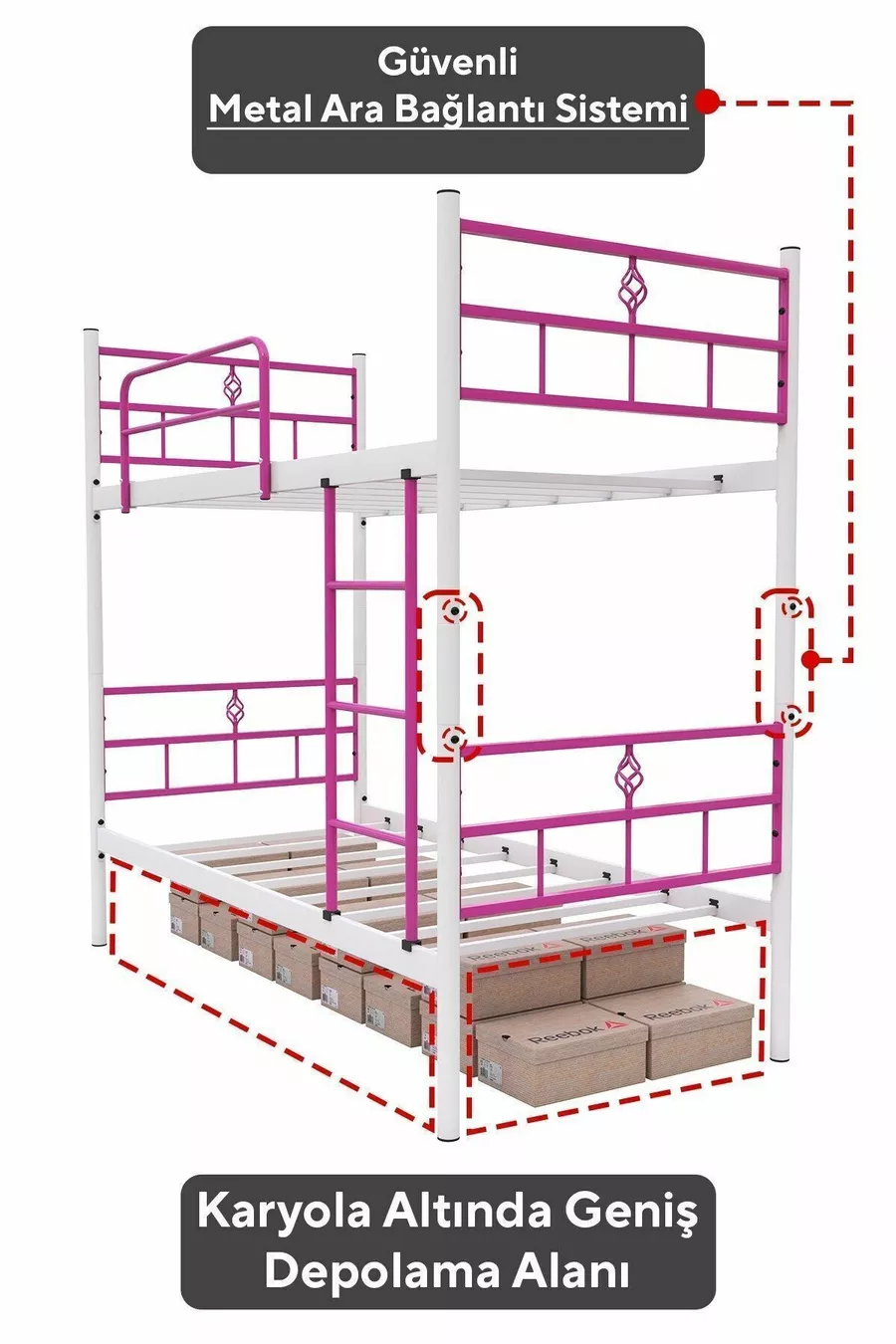 Lit superposé Koza Ranza compatible avec matelas, rose foncé, métal détachable