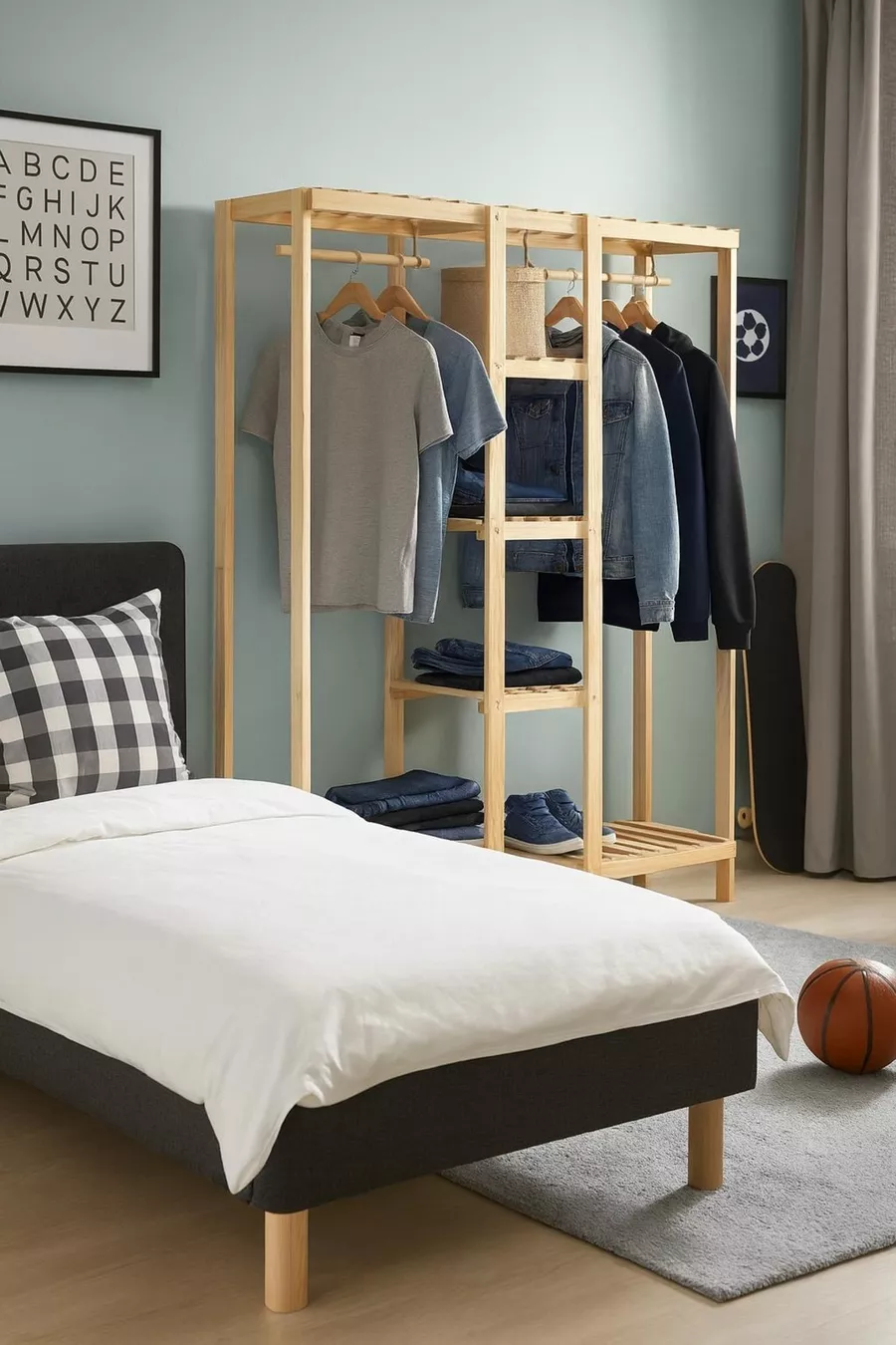 Armoire ouverte en bois avec 2 tringles  cm Armoire polyvalente en bois de pin massif à  %