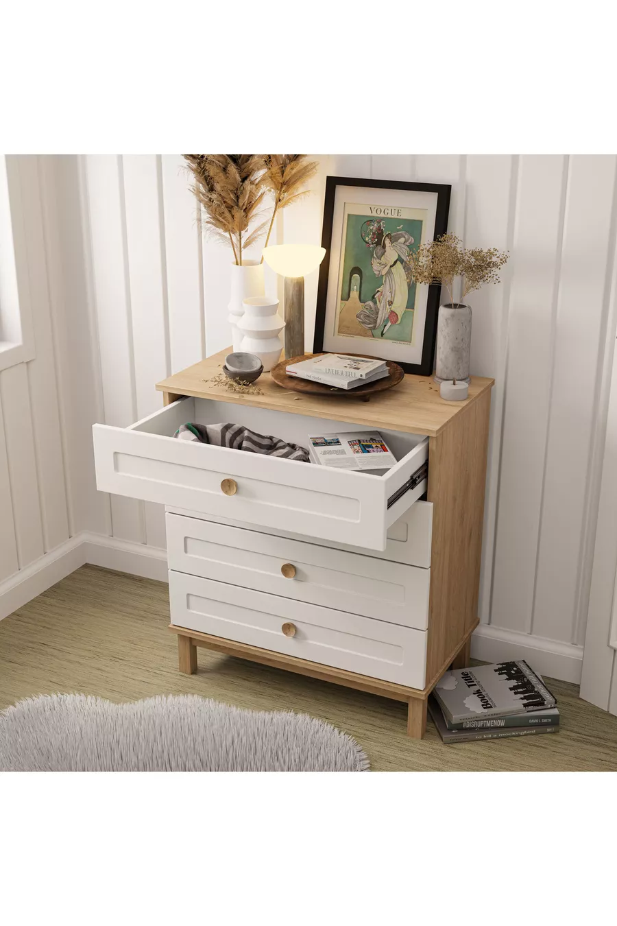 Commode à 4 tiroirs avec portes en MDF à ouverture télescopique (pieds en profilé MDF) - Blanc