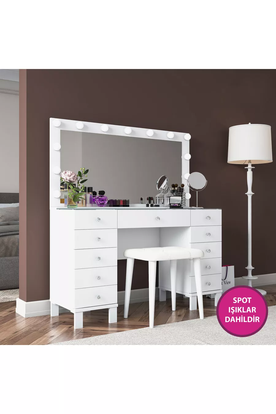 Rani Coiffeuse de Coulisses avec Miroir Illuminé Hollywood, Ensemble avec Tiroirs, Organisateur de Bijoux et Pouf, Blanc