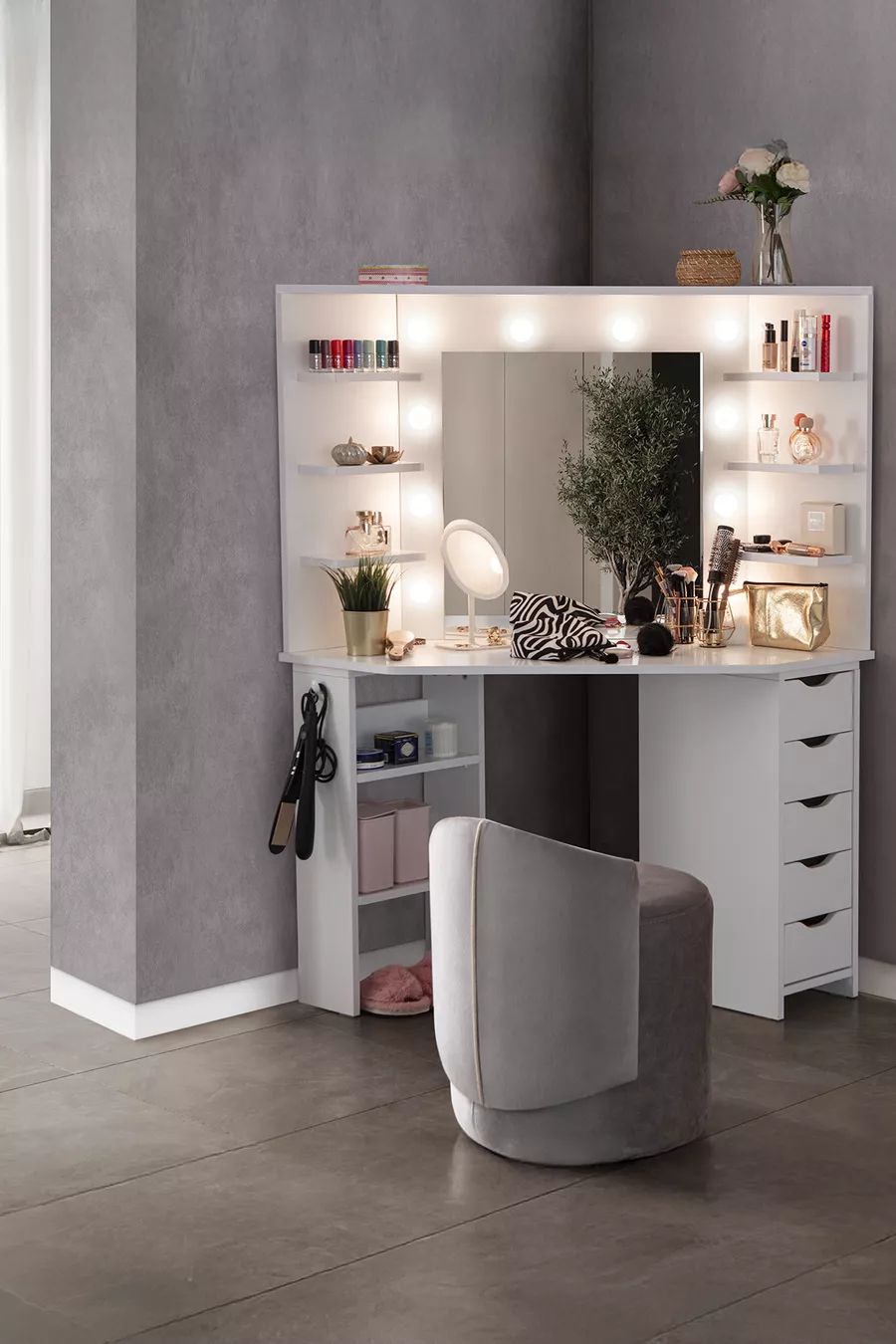 Coiffeuse d'angle Diva Hollywood avec miroir rétroéclairé LED et 5 tiroirs