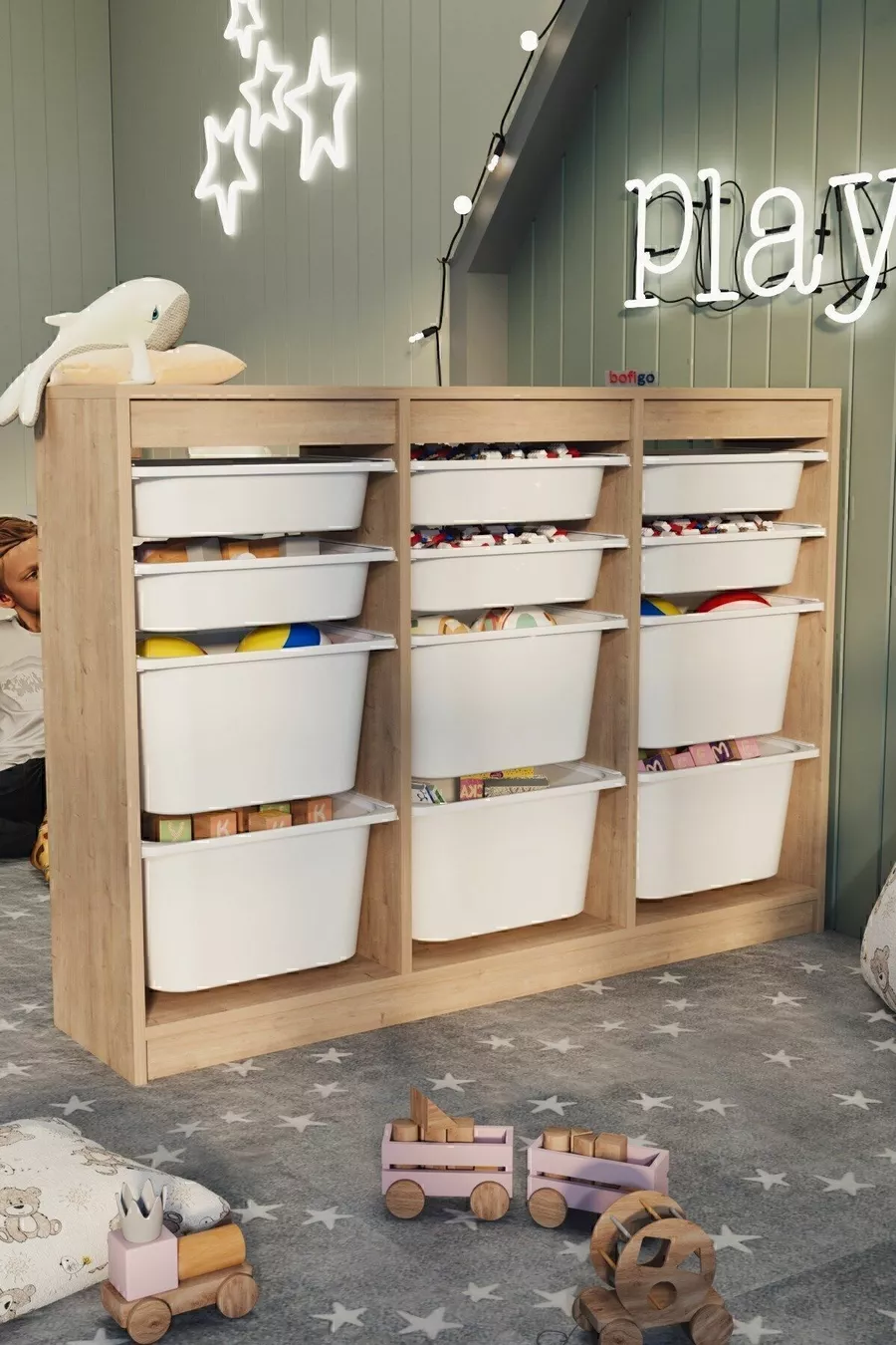Armoire avec Panier Armoire Polyvalente Armoire à Jouets Lara Chêne Saphir