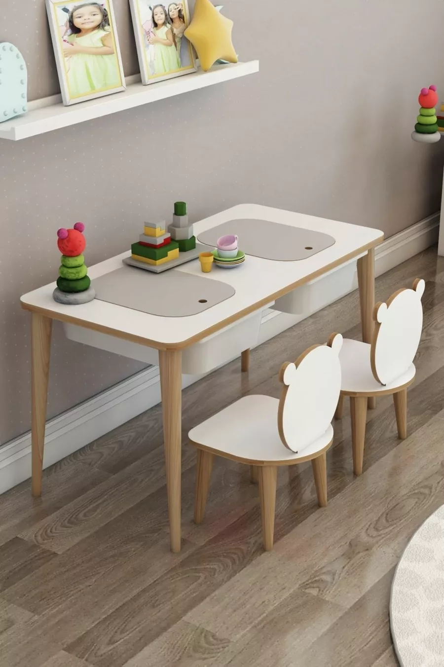 Bureau pour enfant, table de jeu et d'activités, table double avec chaises, usage été et hiver