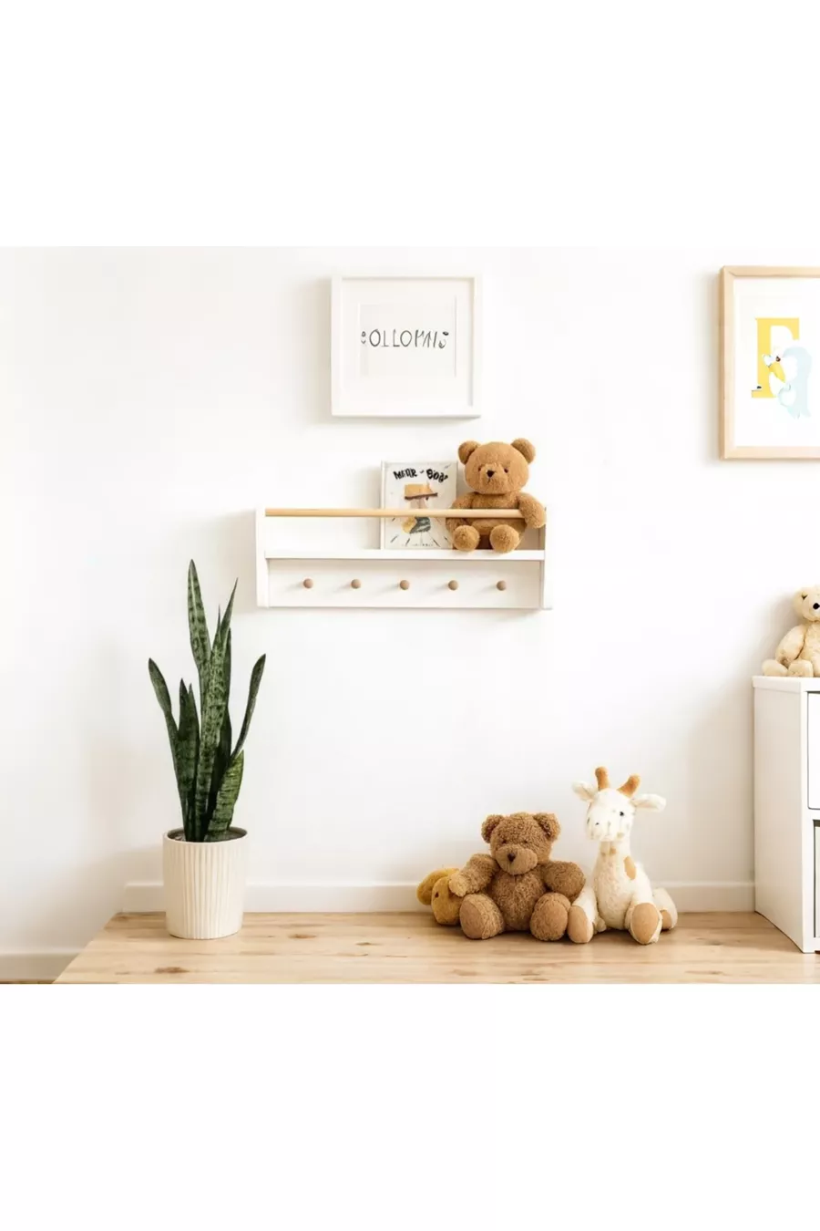 Bibliothèque murale Montessori à 2 étagères avec crochets, MDF blanc