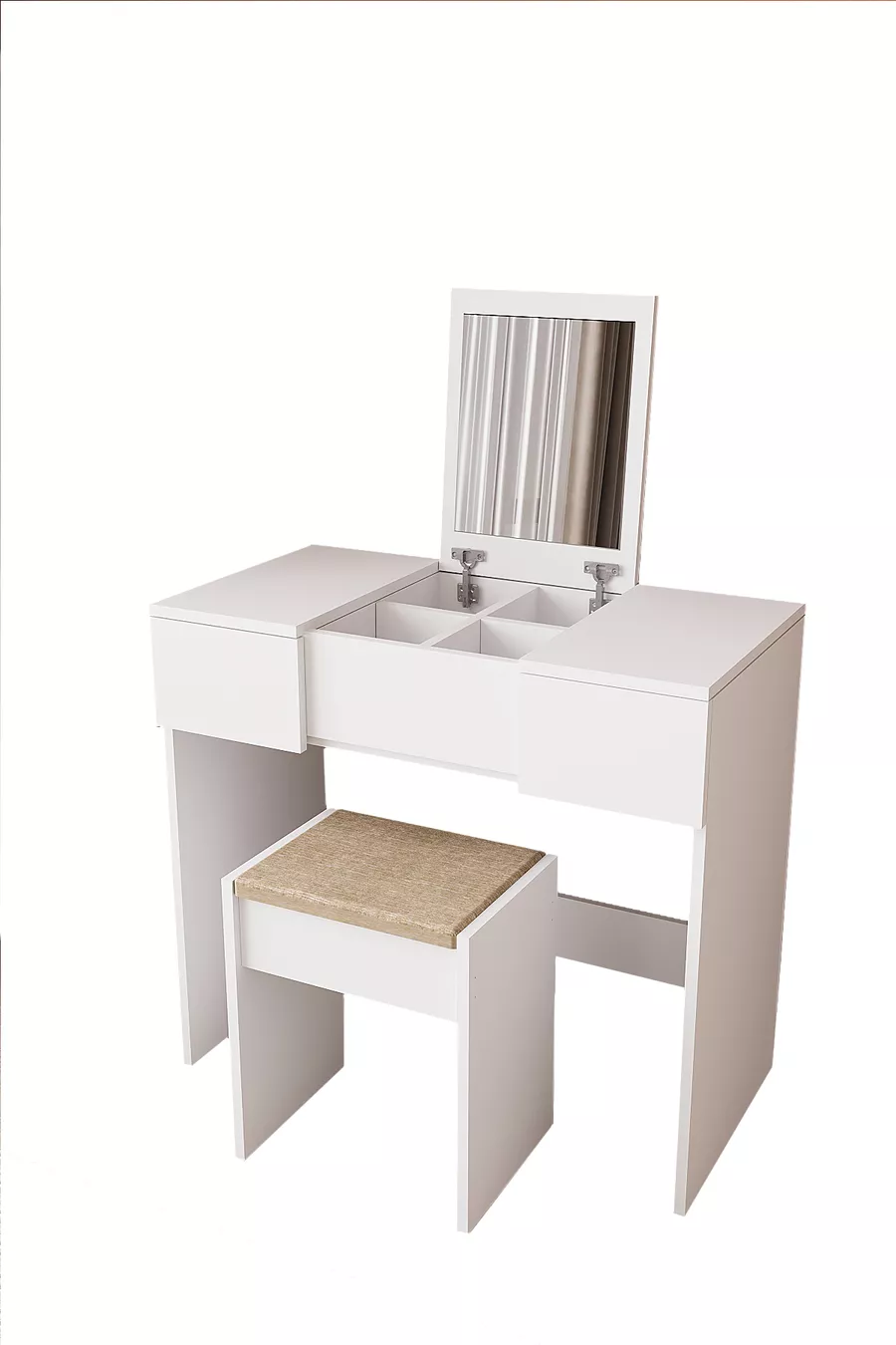Coiffeuse avec miroir, pouf et tiroirs B Anka, blanc, avec organisateur pour chambre à coucher et siège