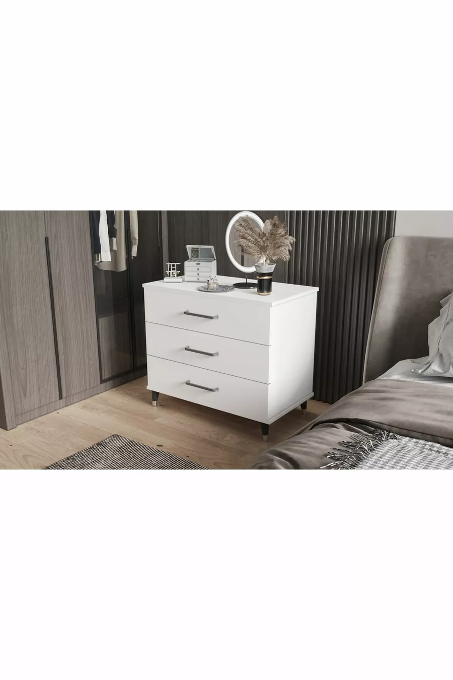 Commode à trois tiroirs avec miroir (BLANC BRILLANT)
