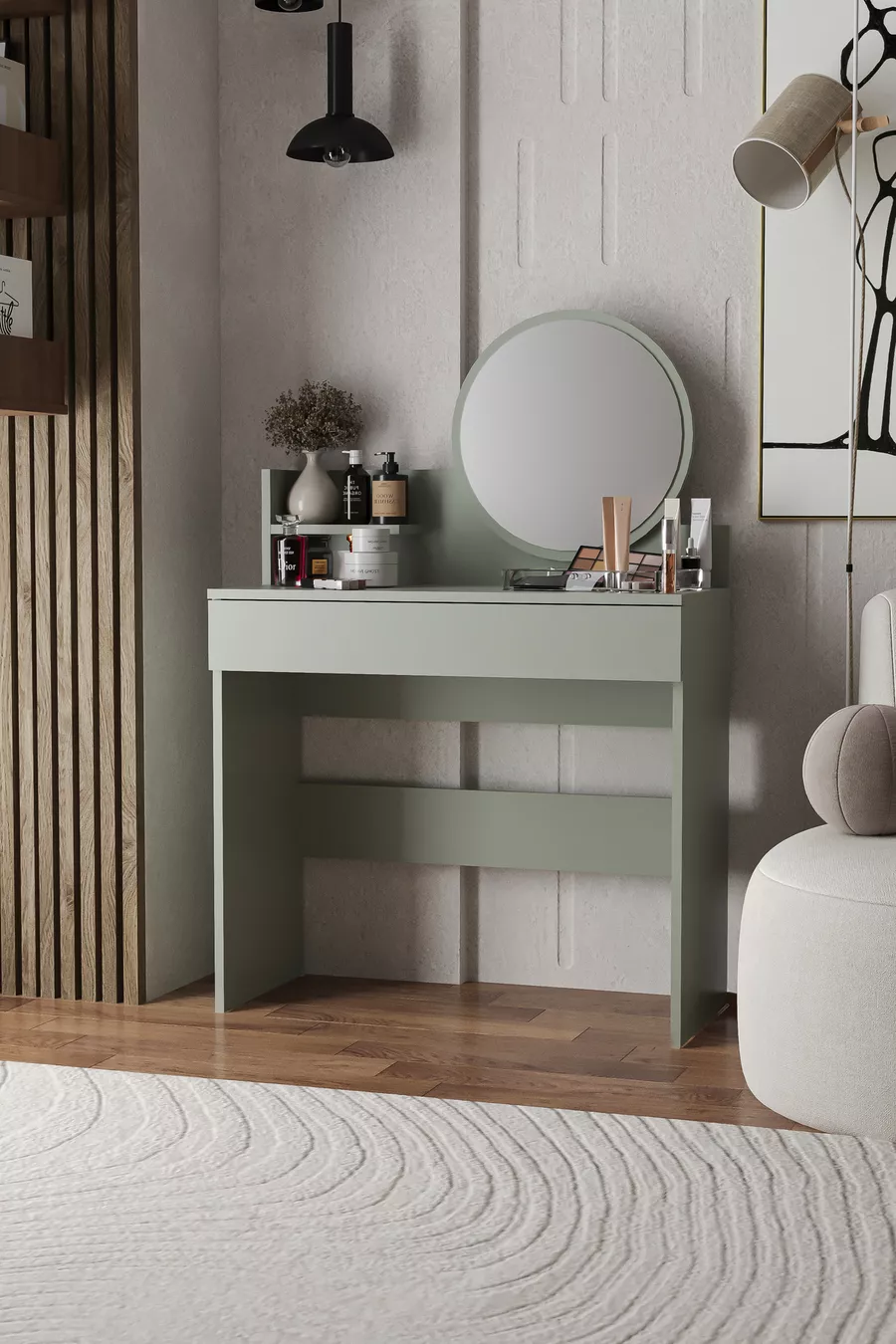 Table de maquillage Harmony à un tiroir (avec miroir rond)
