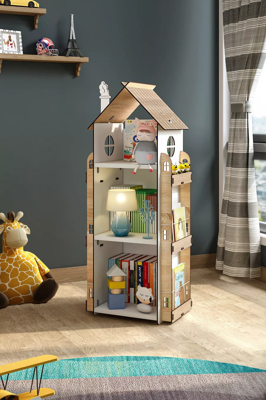 Bibliothèque Montessori en bois pour chambre d’enfant Roofy à 9 étagères, style scandinave