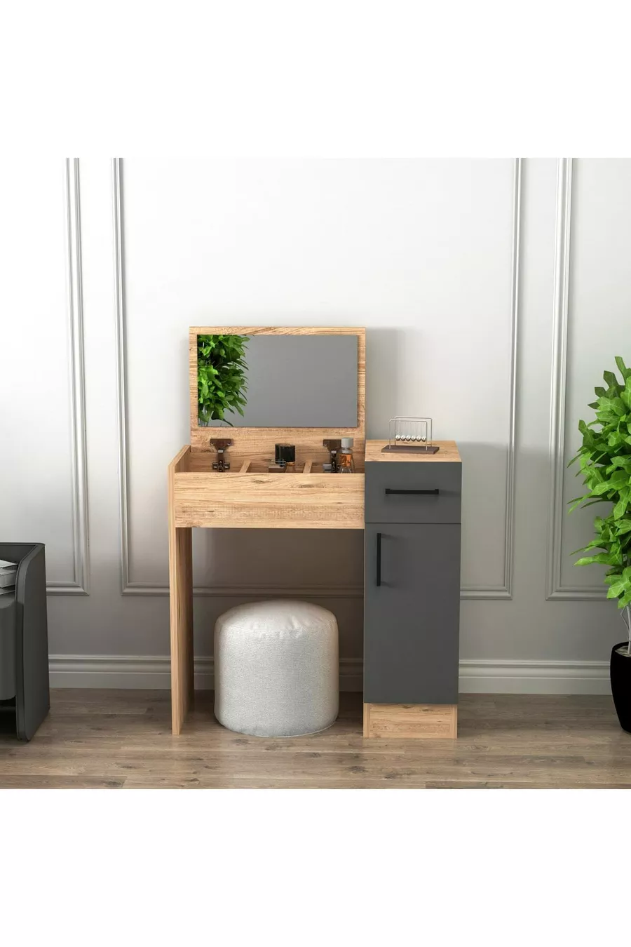 Coiffeuse Miroir en Anthracite Pin Atlantique Perle – Avec Tiroirs, Armoire & Design Élégant