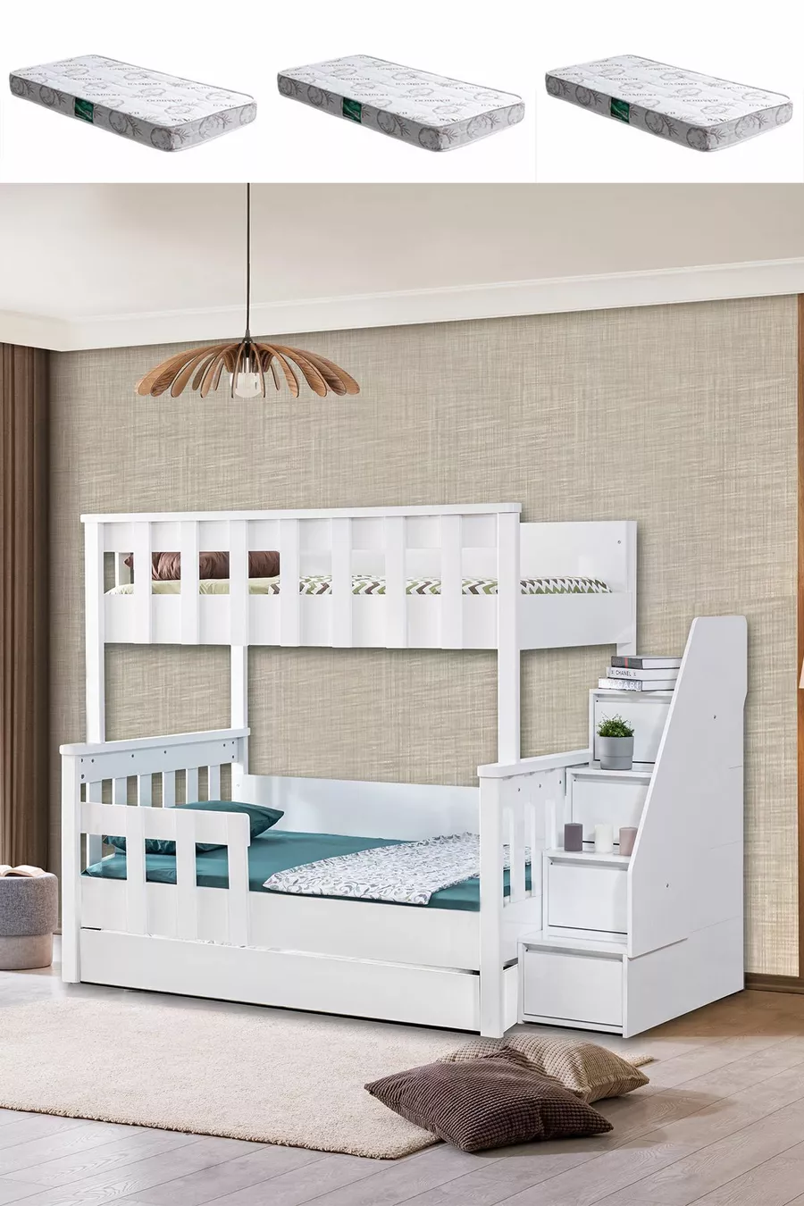 Lit superposé Ranza, Diva MDF Profil séparables 3 lits superposés avec 3 matelas Comfort