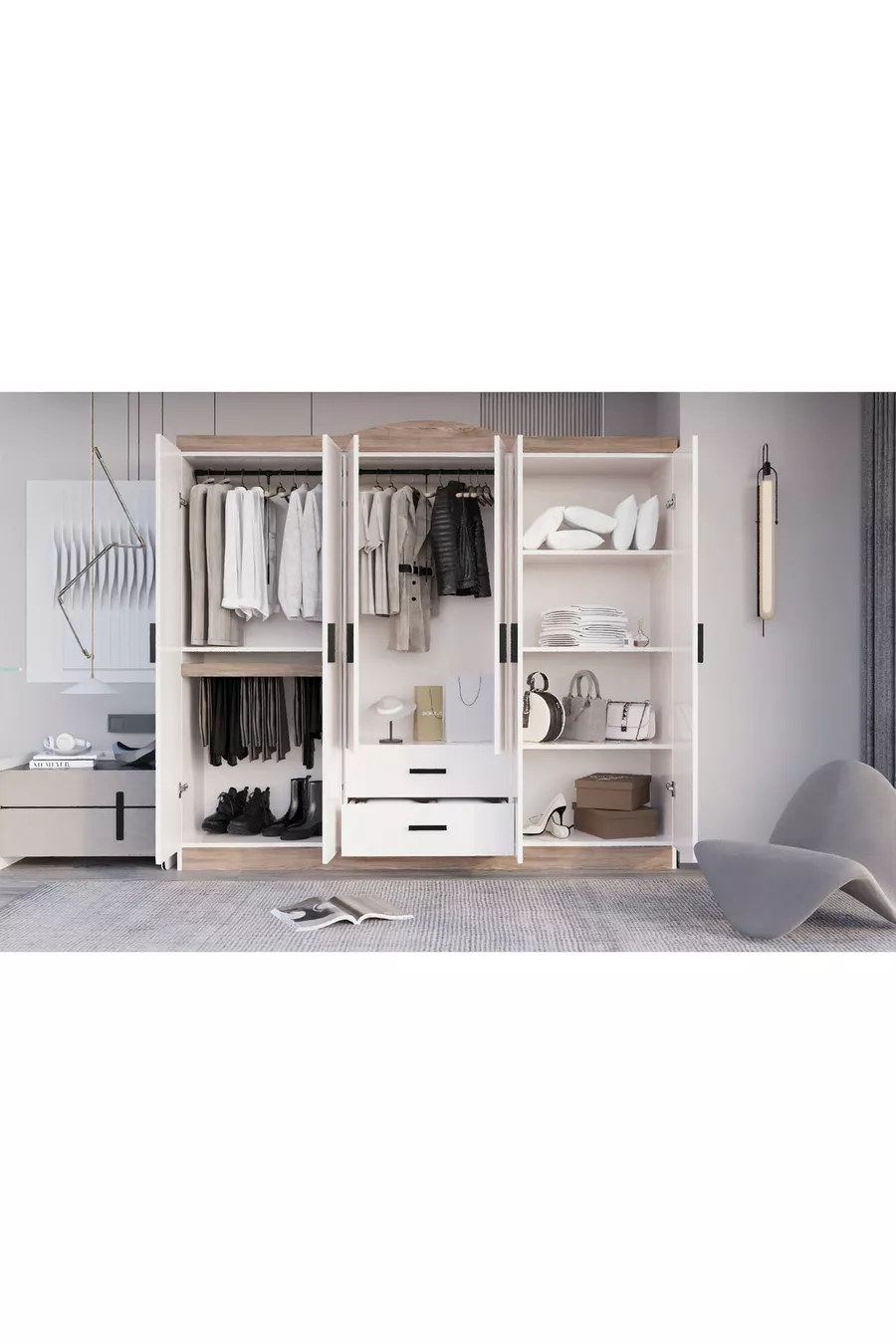 Armoire Bianca à 6 portes et 2 tiroirs, grande armoire & penderie, pin Atlantique & blanc