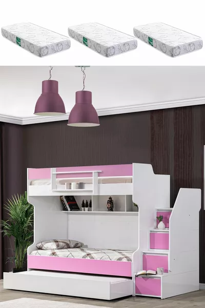 Lits superposés Ranza, courageux avec petit lit - Rose, 3 matelas confort