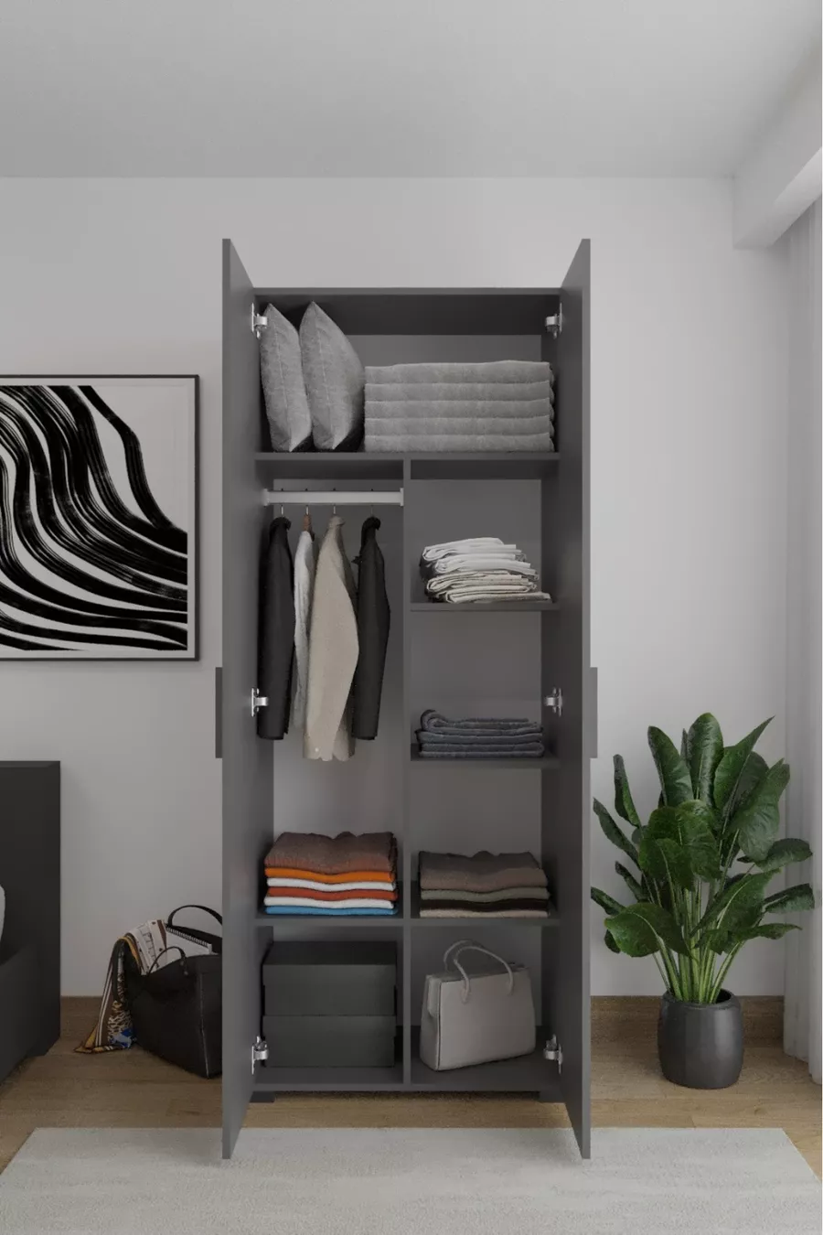 Armoire Niro à 2 Portes, avec Tringle et Étagère,  cm, Anthracite