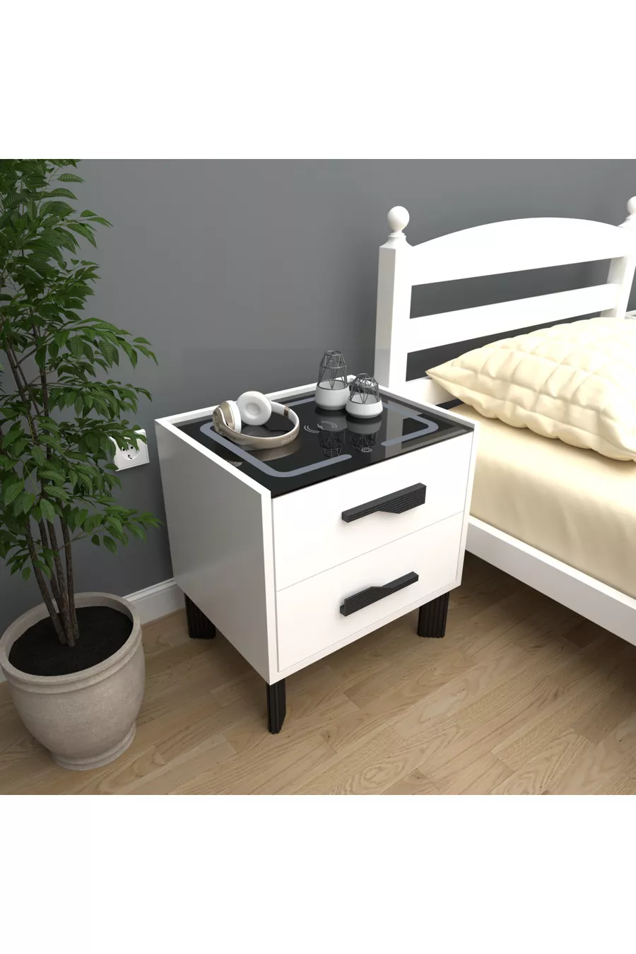 Table de chevet avec LED blanches et unité de charge Diamond