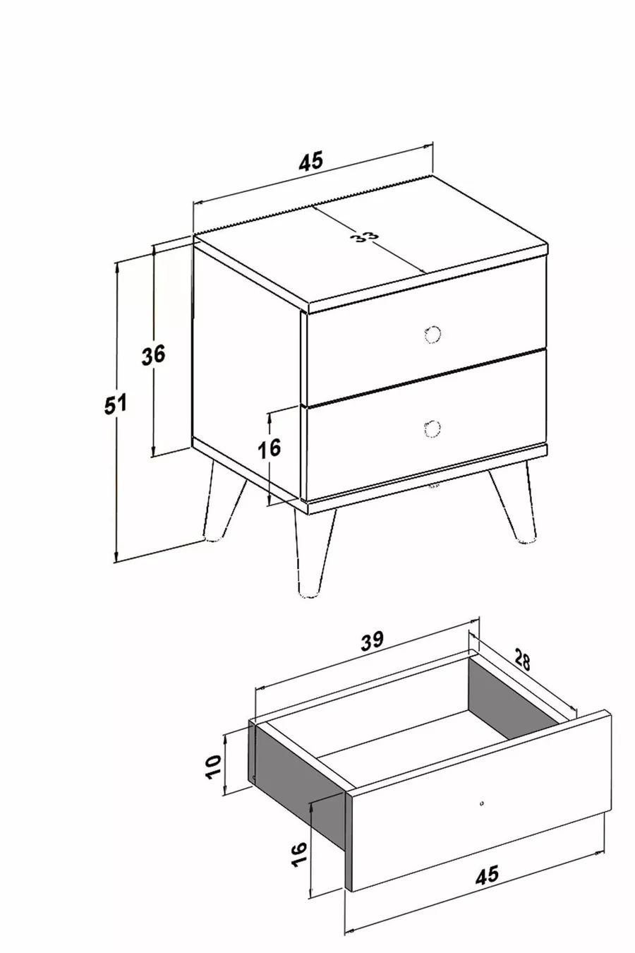 Table de chevet blanc brillant à 2 tiroirs pour chambre à coucher
