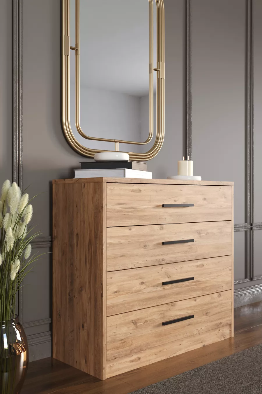 Commode Mira à 4 tiroirs, poignées noires, pin Atlantique, cm
