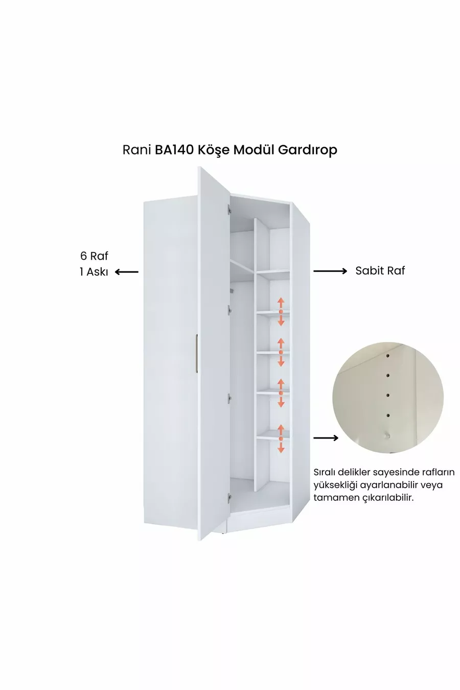 Rani  Module d'Angle Armoire 1 Porte avec 6 Étagères et Penderie Unité d'Angle Complémentaire Blanche