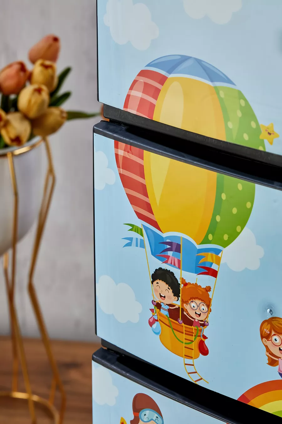 Chevet en plastique à 4 tiroirs avec motif enfant imprimé - pour jouets - panier à jouets