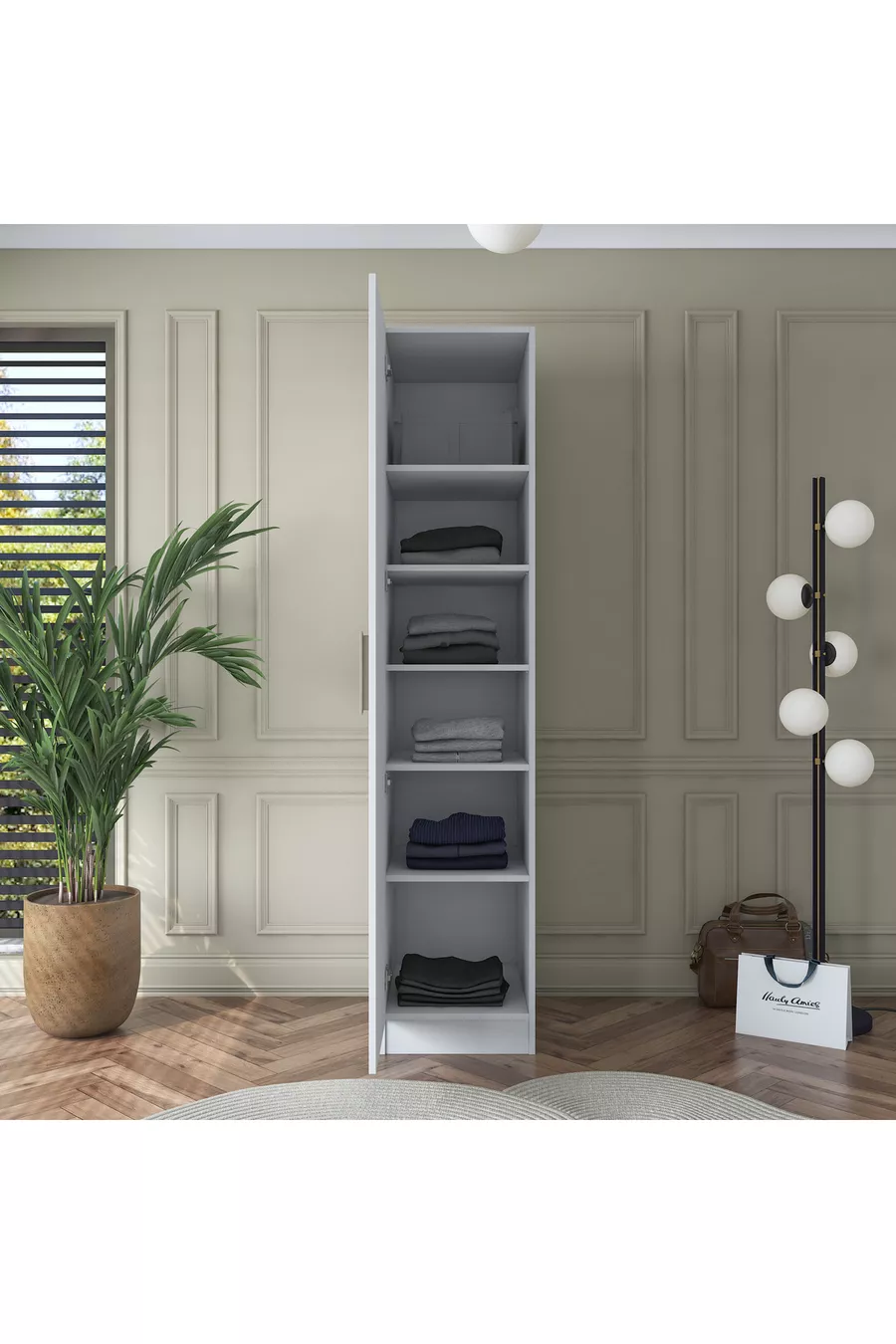 Armoire Rani  à une porte avec 5 étagères pour vêtements, blanche