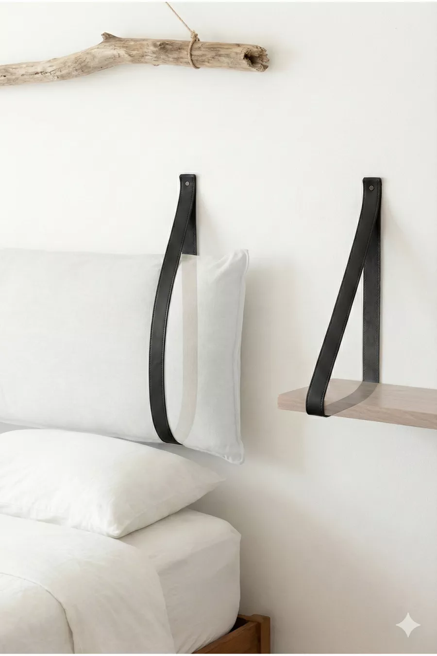 Tête de lit en cuir avec sangles + ensemble de 2 étagères murales pour chambre à coucher avec table de chevet