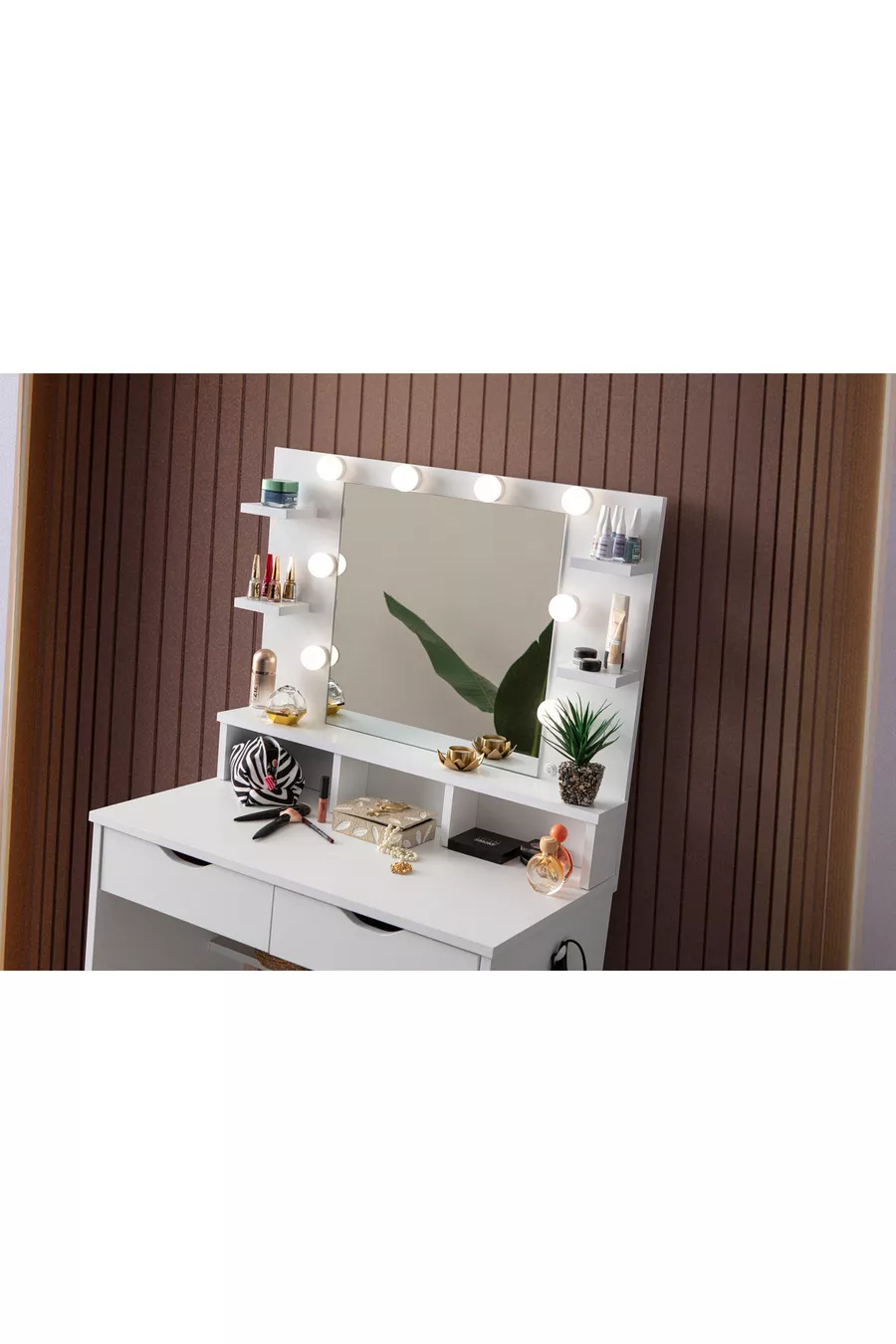 Coiffeuse Diva Hollywood avec Miroir, Éclairage LED, Étagères et Tiroirs, Pouf d'Assise Inclus, Blanche, avec Cadeau