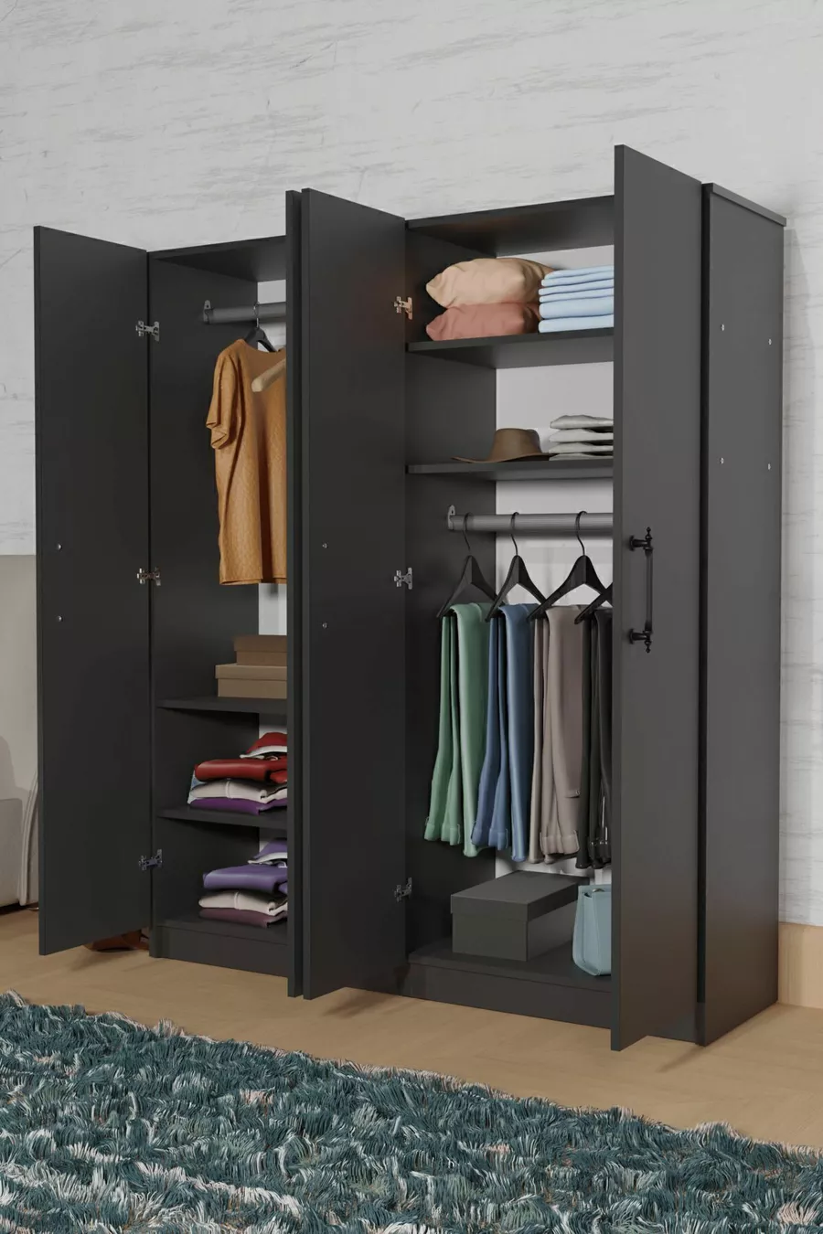  ARENA ARMOIRE GRIS ANTHRACITE 4 PORTES, 2 BARRES POUR PENDERIES, 6 ÉTAGÈRES