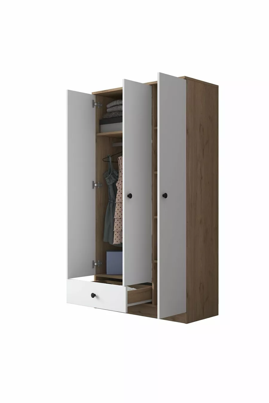 Armoire Rani  Wardrobe 3 portes 1 tiroir 6 étagères 1 panier suspendu Noyer - Blanc