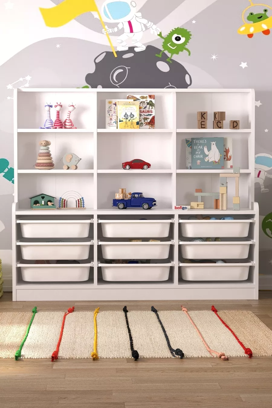 Armoire polyvalente à 9 étagères et 9 paniers pour jouets Almina blanc